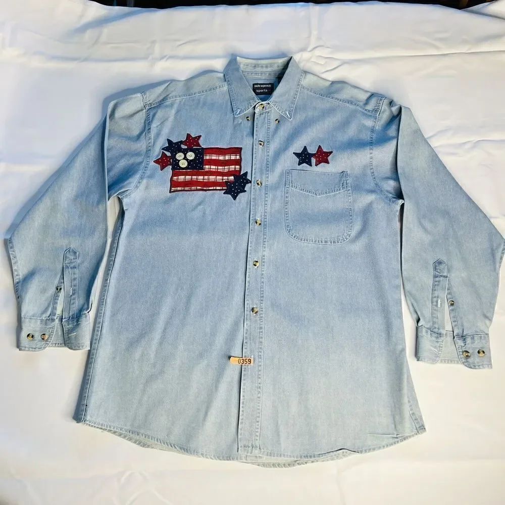 Patriotic Outrageous Sport Men Denim Button Down Shirt Blue Embroidered Cotton L